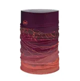 Bufanda tubular multifuncional Buff, confeccionada en tejido elástico con protección solar UPF 50. Presenta un diseño degradado en tonos rojizos, rosados y violetas con un estampado lineal sutil.
