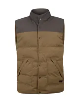 Chaleco de hombre bicolor acolchado, con diseño sin mangas y cuello alto. Cuenta con cierre frontal de broches a presión, bolsillos frontales tipo parche y canesú en tono contrastante.