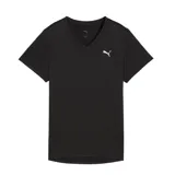 Remera deportiva Puma de mujer con escote en V y mangas cortas. Presenta el logo de la marca estampado en color blanco en el pecho y cuenta con tecnología dryCELL para mayor transpirabilidad.