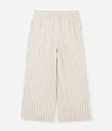 Mono largo de viscosa y lino a rayas verticales, con corte amplio, elástico en la espalda, botón de nácar, bolsillos laterales y traseros. Incluye cinturón marrón.