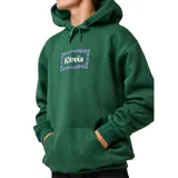 Canguro verde con capucha ajustable, bolsillo canguro frontal y estampado en el parte delantera con el texto "Rivvia" enmarcado por flores lilas.