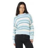 Buzo de tejido de punto con diseño de rayas horizontales en tonos celestes, azules y crema. Presenta cuello redondo, mangas largas con puños acanalados y una textura calada que aporta ligereza a la prenda.