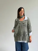 Sweater de punto color verde oliva con diseño de paneles horizontales de encaje floral, corte holgado y mangas tres cuartos. Incluye una bufanda del mismo tono y tejido, y se presenta superpuesto sobre una camisa blanca de cuello clásico.