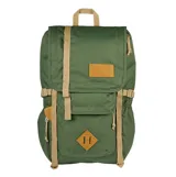 Mochila Jansport Hatchet verde con detalles en tostado, solapa superior, bolsillos frontales y correas ajustables.