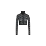 Campera deportiva Adidas modelo Firebird Classic Lace Track Top, de color negro con estampado geométrico en zigzag, cuello alto, cierre frontal y franjas blancas en las mangas.