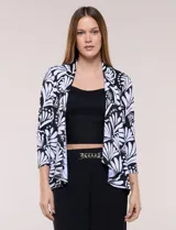 Cardigan Zac & Rachel de seda fría estampada en blanco y negro, de manga larga y diseño abierto al frente.