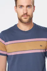 Remera de manga corta con cuello redondo y diseño a rayas horizontales en azul, rosa y ocre.