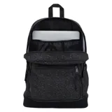 Mochila Jansport Right Pack negra con estampado de calaveras, murciélagos y estrellas en azul.