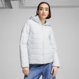Campera puffer color lila con capucha y cierre frontal.