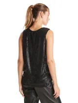 Blusa sin mangas de lentejuelas negras, con escote redondo y forro interno a tono.