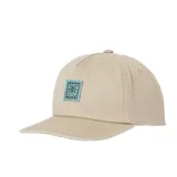 Gorra de cinco paneles confeccionada en lona de algodón color beige, con corona media sin estructura y parche bordado frontal con diseño de palmera.
