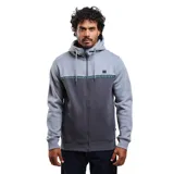 Campera canguro Maui and Sons de felpa con cierre completo y capucha ajustable con cordón. Presenta un diseño bicolor en tonos gris claro y gris oscuro, separado por una franja horizontal con patrón de olas y detalles en turquesa. Cuenta con bolsillos laterales tipo ojal y puños y ruedo de rib elástico.