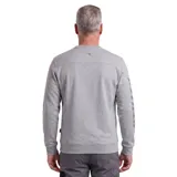 Buzo de cuello redondo color gris melange, con detalle de costura en forma de V en el escote y diseño de rayas diagonales sutiles en la manga izquierda.