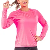 Remera deportiva negra de manga larga con protección UV50+ y logo blanco en el pecho.