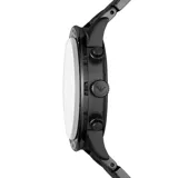 Reloj cronógrafo Emporio Armani modelo Mario, con caja y pulsera de acero inoxidable en color negro. Presenta una esfera negra con índices y manecillas a tono, función de cronógrafo y ventana de fecha.