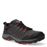 Championes de trekking Merrell modelo Crosslander 3, diseñados para actividades al aire libre. Presentan una combinación de cuero y malla en tonos gris y negro, con detalles en rojo en los cordones y la suela. Cuentan con tecnología de amortiguación Air Cushion y suela de alto agarre.