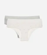 Kit de dos bombachas tipo bikini en viscosa. Incluye una prenda blanca con delicado estampado floral y otra lisa de color gris, ambas con cintura de encaje.