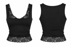 Musculosa negra ajustada al cuerpo, con escote cuadrado y detalles de encaje floral en el escote y en el ruedo inferior.