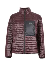 Campera acolchada de Mountain Hardwear, color bordó con acabado brillante. Presenta cierre frontal completo, cuello alto, puños elásticos y un bolsillo frontal con cierre en contraste de color negro que incluye el logo de la marca.