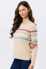 Buzo tejido de algodón con diseño de rayas horizontales en tonos azules, beige y rosado, cuello redondo y manga larga.