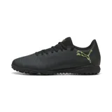 Championes de fútbol Puma Future 8 Play TT, color negro con detalles en verde lima. Diseño con textura en el empeine y suela multitaco para césped sintético.