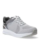 Championes deportivos de tejido de punto en tonos grises, con suela blanca y detalles en negro y naranja. Presentan cierre con cordones y diseño ergonómico.