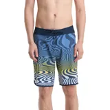 Short de baño con diseño de líneas onduladas en degradado de azul a amarillo. Presenta cintura fija con cordón de ajuste y corte regular.