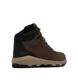 Bota de trekking Columbia Newton Ridge para hombre, confeccionada en ante impermeable color marrón con detalles en negro y beige. Presenta herrajes metálicos para los cordones, mediasuela acolchada y suela de caucho de alta tracción.