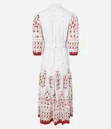 Vestido chemise midi de viscolino con estampado floral, manga abullonada 3/4 y lazo delantero.