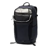 Mochila técnica Columbia Triple Canyon de 24 litros, color negro, diseñada para senderismo. Cuenta con panel trasero de malla transpirable, tirantes acolchados, compartimento compatible con hidratación, bolsillos laterales para botellas, fijaciones para bastones de trekking y funda impermeable incluida.