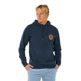 Canguro con capucha y cordones ajustables, color azul marino. Presenta un bolsillo frontal tipo canguro y un pequeño logo estampado en el pecho con diseño circular en tonos naranja y amarillo.