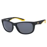 Lentes de sol Caterpillar modelo CTS 8011, con armazón negro mate y detalles en amarillo en las patillas. Cuentan con cristales polarizados oscuros y logo de la marca en el lateral.