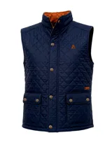 Chaleco capitoneado de color azul marino con diseño de rombos, cuello alto y cierre frontal con botones a presión. Presenta dos bolsillos delanteros con solapa y botones, además de un forro interior en color naranja.