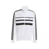 Campera Adidas The First blanca con franjas horizontales y verticales negras, cierre frontal y cuello alto.