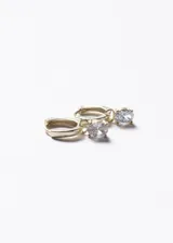 Aros tipo argolla pequeña en plata 925 con baño de oro de 18k y un dije colgante de zirconia cúbica en corte ovalado.