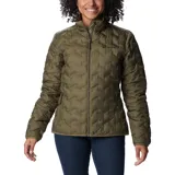 Campera puffer Columbia modelo Delta Ridge II, color verde oliva. Presenta construcción térmica sin costuras HeatSeal, cierre frontal completo, cuello alto con protector de barbilla y bolsillos laterales con cierre. Incluye tecnología Omni-Heat reflectante y aislamiento de plumón.