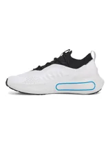Championes de running Under Armour modelo Phantom 4, con diseño híbrido de alto rendimiento y estilo urbano. Presentan una estructura de punto con cuello tipo calcetín para un ajuste cómodo, contrafuerte de TPU en el talón y amortiguación UA HOVR+ para mayor retorno de energía. Combinan colores blanco, negro y detalles en azul vibrante en la entresuela.