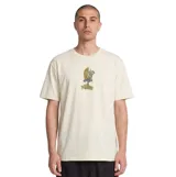 Remera de algodón orgánico color blanco, de manga corta y cuello redondo, con pequeño estampado gráfico en el centro del pecho.