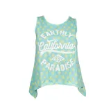 Musculosa celeste con estampado de palmeras amarillas y texto en blanco que dice 'Earthly California 1986 Paradise'.