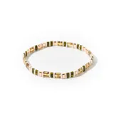 Pulsera elástica con cuentas de tila rectangulares color dorado, verde y blanco.