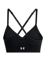 Top deportivo Under Armour modelo Vanish Smiss Low, de color negro y diseño sin costuras. Cuenta con escote en V, tirantes finos ajustables con espalda cruzada y banda elástica inferior con el logotipo de la marca estampado en blanco.