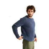 Buzo de punto con cuello redondo y diseño jaspeado en tonos azules con motas multicolores. Presenta una textura acanalada y corte clásico.