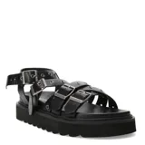 Sandalias de plataforma color negro, con múltiples tiras horizontales con hebillas metálicas y ajuste al tobillo con hebilla.