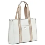 Cartera tipo tote bag Guess modelo Jackie, de color blanco con tiras de hombro beige que llevan el texto 'Guess Los Angeles' estampado. Cuenta con un bolsillo frontal exterior y un aplique metálico triangular con el logo de la marca en el centro.
