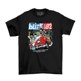 Remera de algodón color verde oscuro con estampa frontal gráfica que muestra a los integrantes de la banda Blink-182 en una camioneta clásica, con el logo de la banda y la frase 'Making crappy punk rock for bad people'.