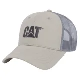 Gorra tipo trucker con frente de lona beige y parte trasera de malla gris. Presenta el logo de Caterpillar bordado en el frente y visera curva.