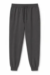 Pantalon de jogging gris oscuro con cintura elástica, cordón ajustable y puños acanalados en los tobillos.