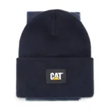 Set de gorro tipo beanie y cuello de lana en color azul marino. El gorro cuenta con un parche frontal con el logo de la marca Caterpillar.