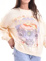 Buzo de cuello redondo y manga larga, color marrón, con estampado gráfico frontal en color lila que incluye texto y personajes animados.