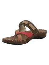 Sandalias planas de cuero para mujer, diseño multicolor con tiras en tonos marrón, verde oliva y rojo, ajuste con hebilla lateral y suela con detalle de corcho.